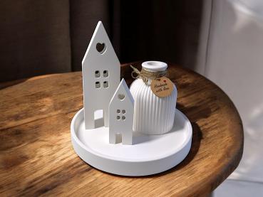 Preview: Dekoteller Tischdeko Raysin Deko Set mit geriffelter Vase oder als Stabkerzenhalter rundes Deko Tablett zwei Lichthäuser - Artikel-Nr. 1100057